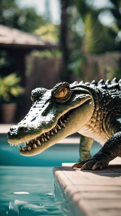 Un coccodrillo ribelle che invade una piscina nel cortile in un selvaggio incontro suburbano.