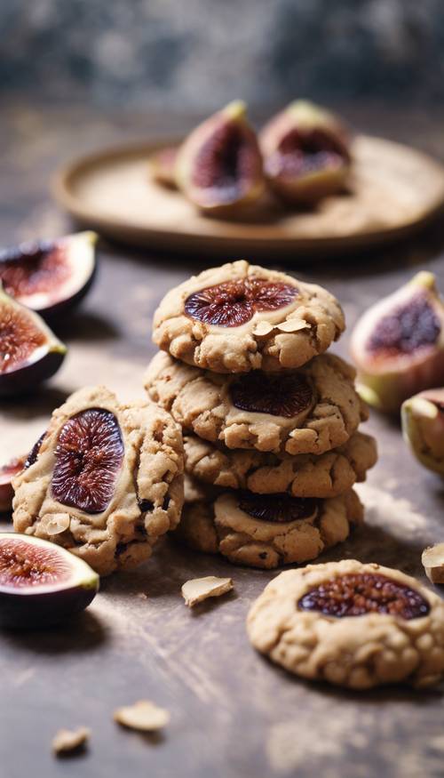 Homemade fig cookies on a table with fragments of fig visible beside the plate.