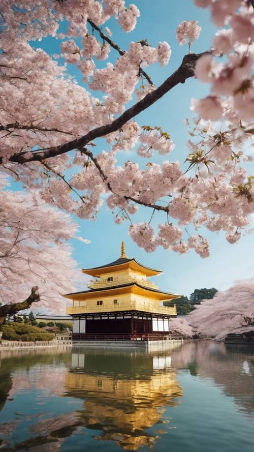 Ein Kirschblütenbaum in voller Blüte vor einem goldenen Tempel in Japan.