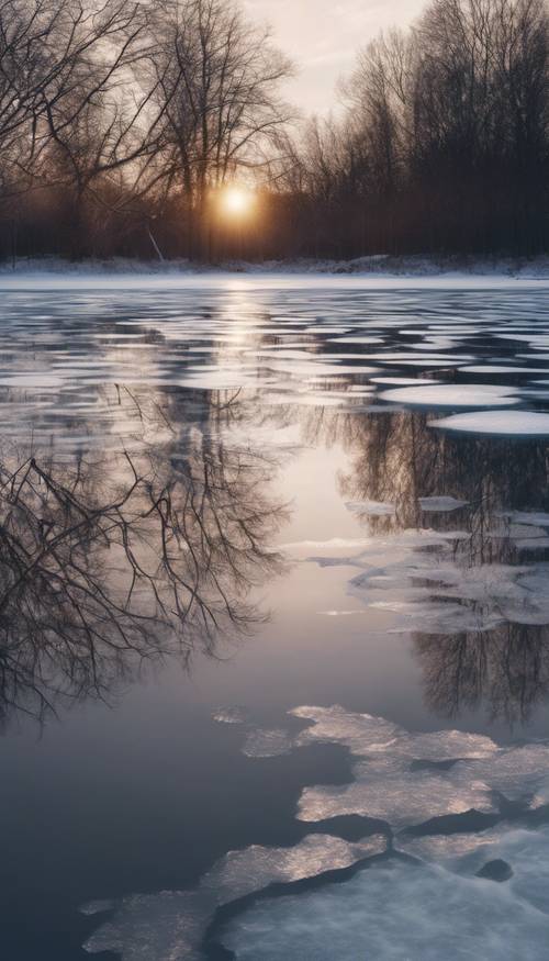 Um lago coberto de gelo sob o luar brilhante com sombras refletidas em sua superfície.