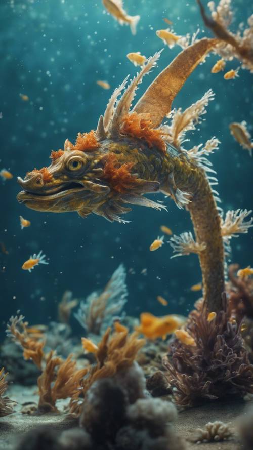 Eine zauberhafte Unterwasserszene mit winzigen Fischen, die um einen Seedrache kreisen.