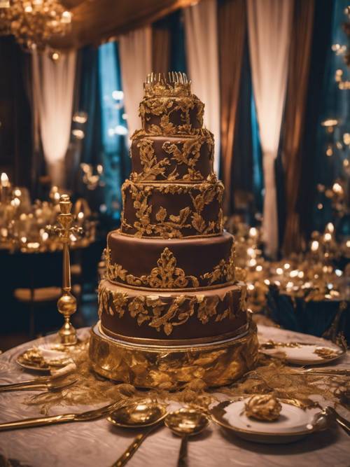 Pesta ulang tahun mewah bertema kerajaan, dengan tirai beludru, peralatan makan emas, kue coklat tiga tingkat mewah yang dihias dengan aksen daun emas.