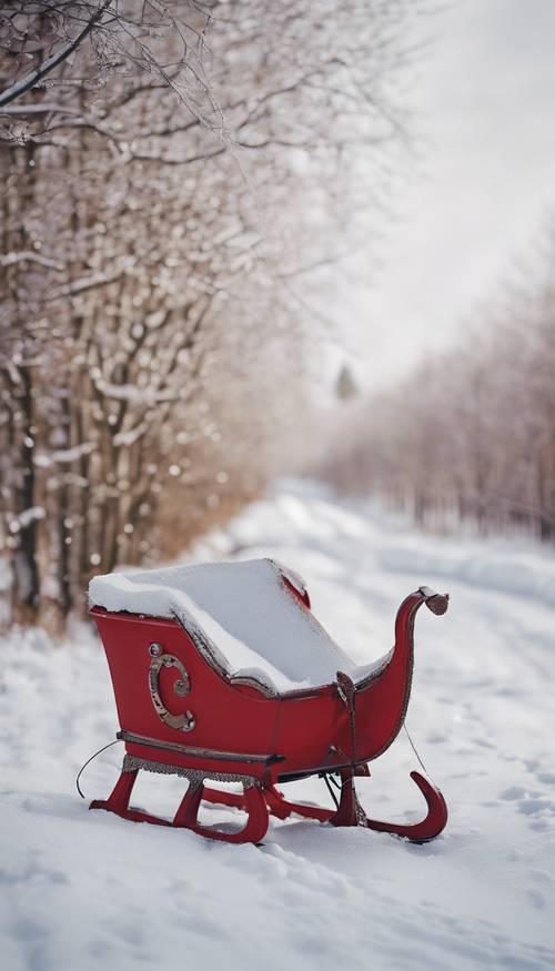 Ein roter Kinderschlitten, verlassen im Schnee neben frischen Schlittenspuren.