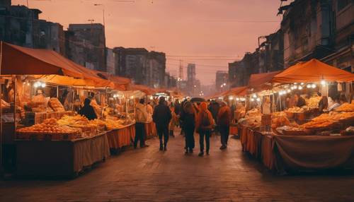 Um animado mercado de rua ao entardecer envolto em uma aura laranja