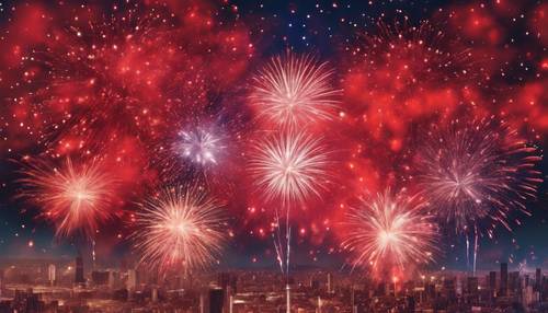 סצנה חגיגית של שנת 2000 זיקוקי ראש השנה צובעים את השמיים באדום.