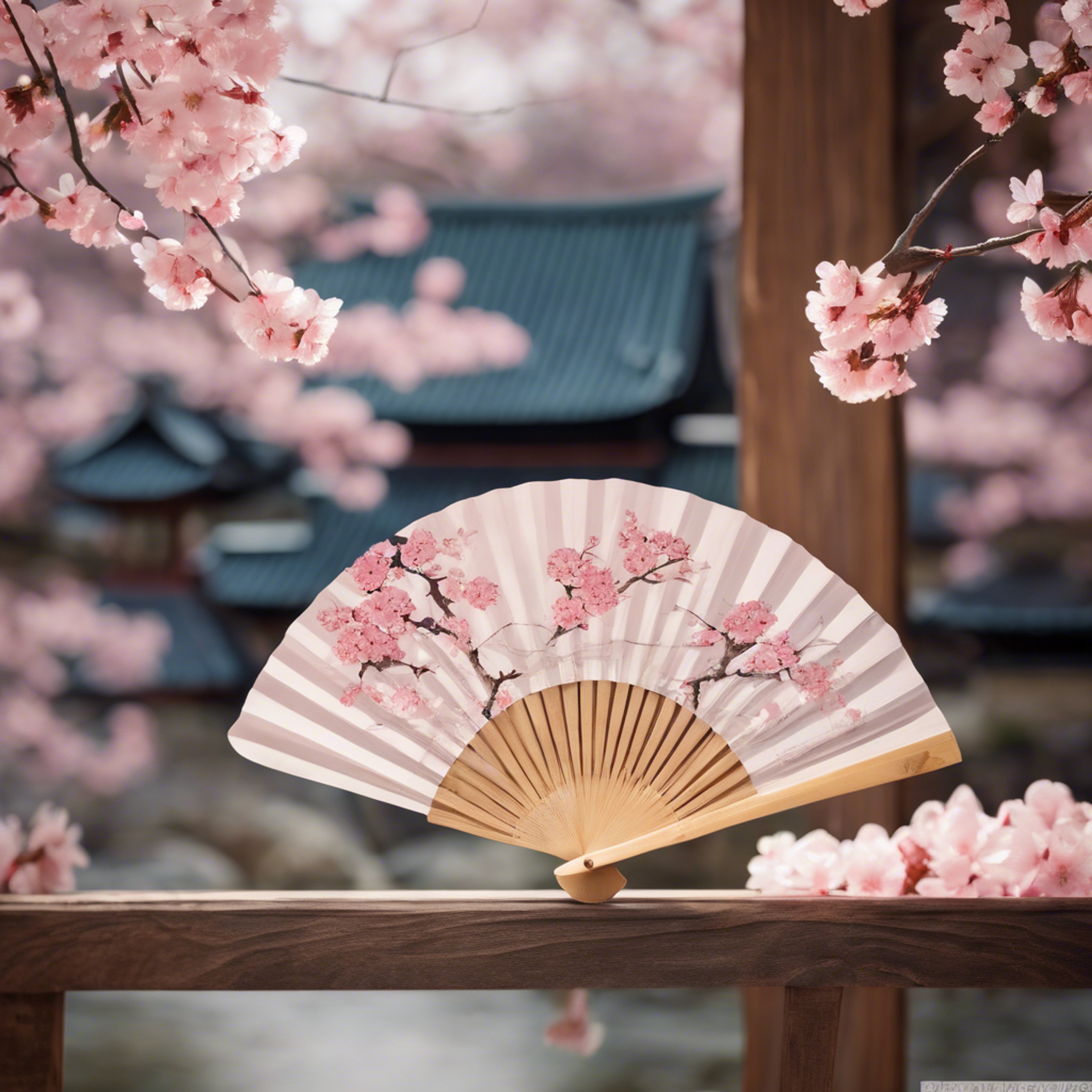 A paper fan painted with a delicate cherry blossom design, viewed against the backdrop of a traditional Japanese tea ceremony.壁紙[1c1907a73a8e4558b265]