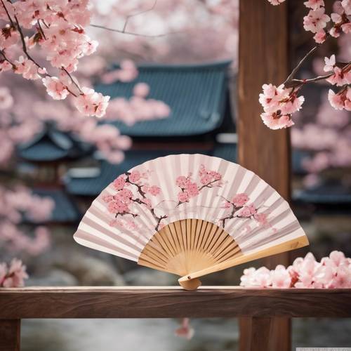 一面绘有精致樱花图案的纸扇，以传统日本茶道为背景。