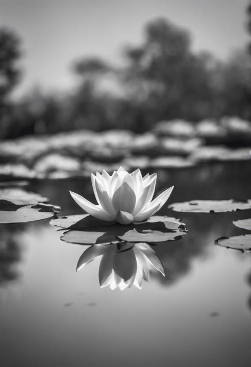 Un reflejo en blanco y negro de una luna creciente en la serena superficie de un lago salpicado de lotos.