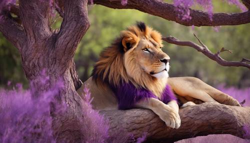 逼真的圖像顯示，一隻身著獨特紫色皮毛的雄偉獅子在金合歡樹下放鬆。