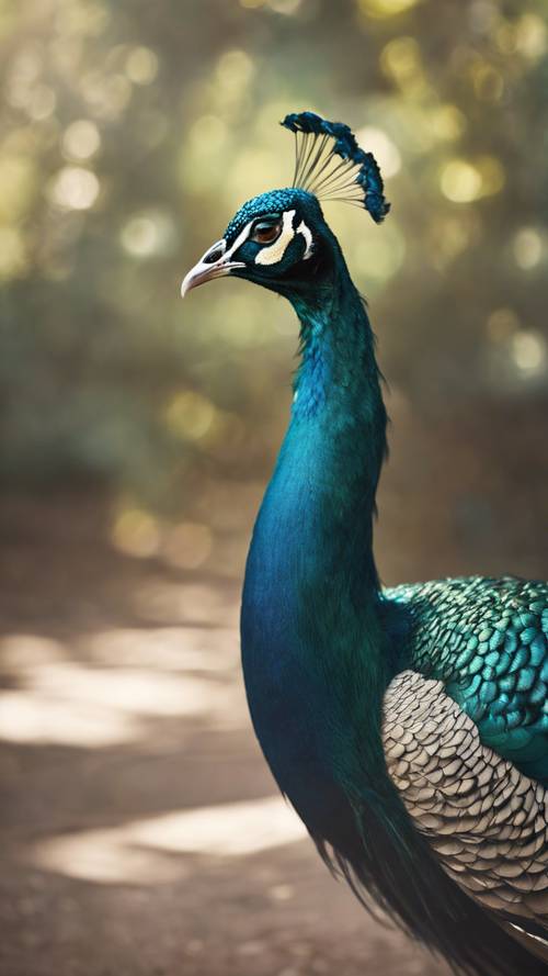 Un encantador pavo real verde azulado con plumas brillantes, tomando el sol de la mañana.