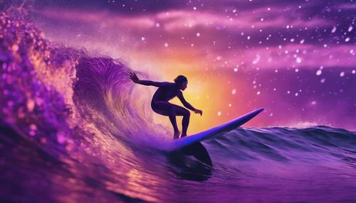 A psychedelic depiction of a surfer riding a towering wave of swirling purple energy.