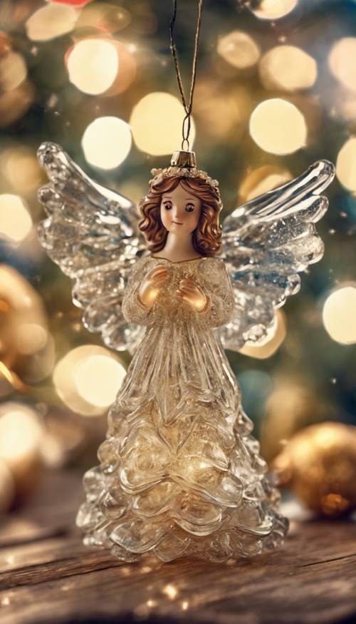 An antique spun-glass Christmas angel delicately placed atop a tinsel-laden tree. Tapet [78ee7a1780ff408a9e53]