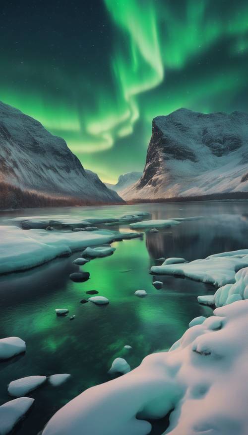 Nordlichter tanzen über einem kristallklaren Fjord, umgeben von schneebedeckten Hügeln