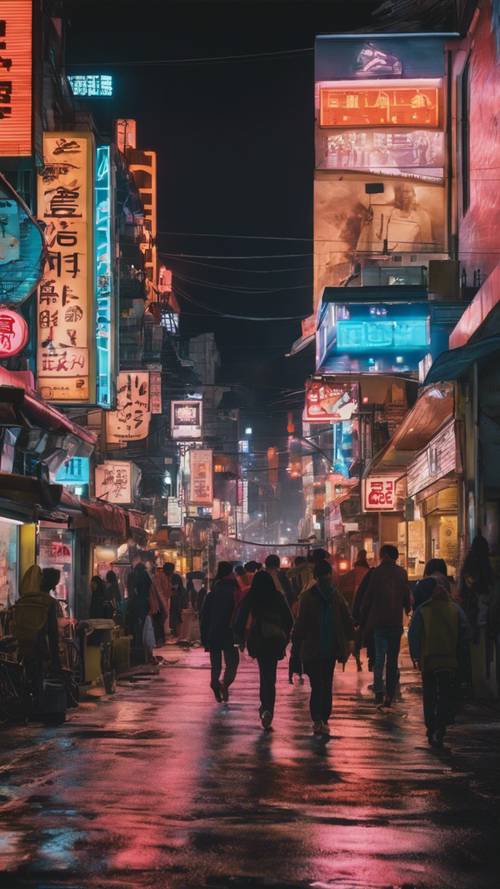 A vibrant scene depicting a bustling city street at dusk, with neon signs illuminating the dusk and people bustling about. Tapet [9fefe554452e4676a228]