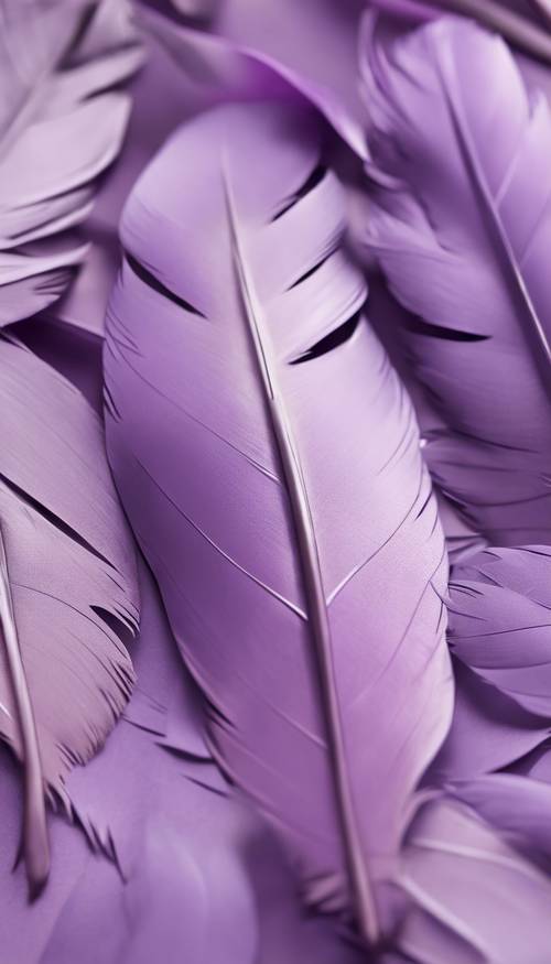 연한 보라색 배경에 단순한 보라색 깃털이 놓여 있어 미니멀한 아름다움을 표현합니다.