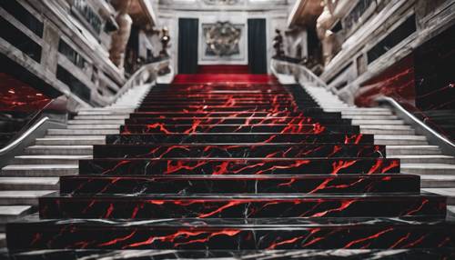 精緻的黑色大理石樓梯，紅色的紋理貫穿其中