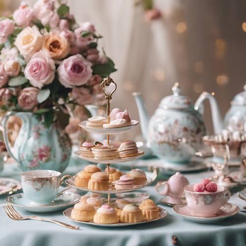 Suasana pesta teh yang elegan dengan porselen halus berwarna pastel, dekorasi bunga, dan beragam kue.