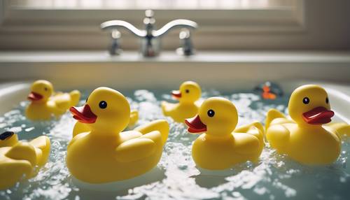 A cluster of yellow rubber ducks floating in a bathtub.