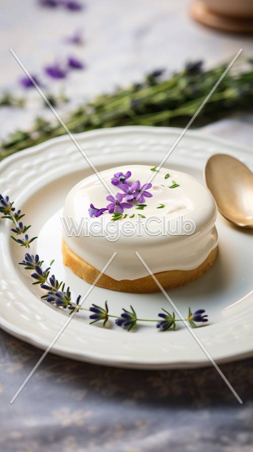 Dessert à la crème garni de fleurs violettes sur une assiette blanche