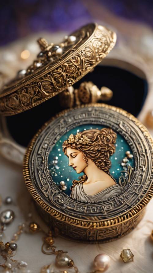 The zodiac sign of Virgo richly illustrated on a pendant in an ornately decorated, ancient jewelry box.