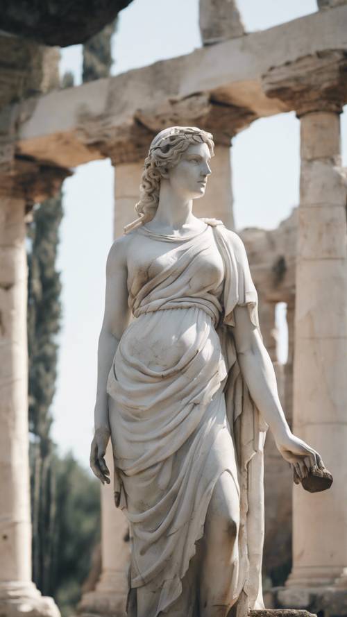 Antik bir harabede gururlu ve dimdik duran bir Yunan tanrıçasının beyaz mermer heykeli.