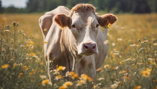 Um retrato caprichoso de uma vaca bege parada no meio de flores silvestres.