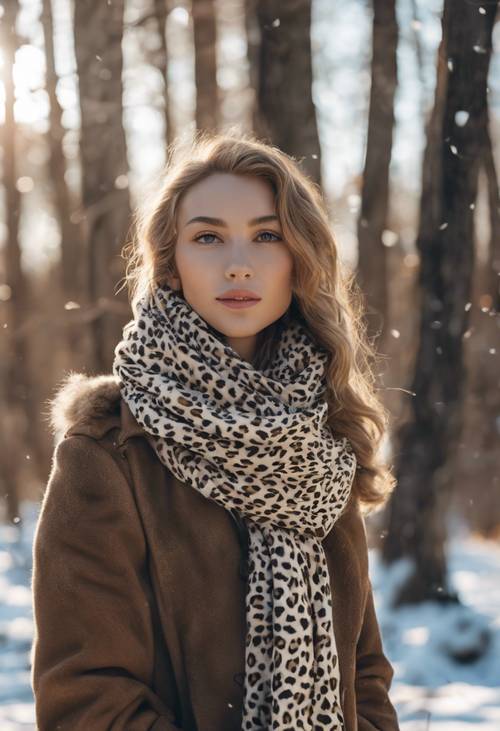 Młoda dziewczyna ubrana w uroczy szalik z nadrukiem geparda stała w zimowym lesie. Tapeta [1206a915499d45c586ea]
