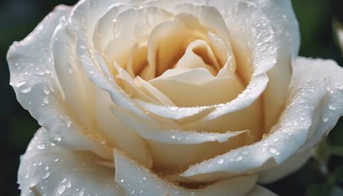 Um close de uma rosa branca com bordas douradas.”
