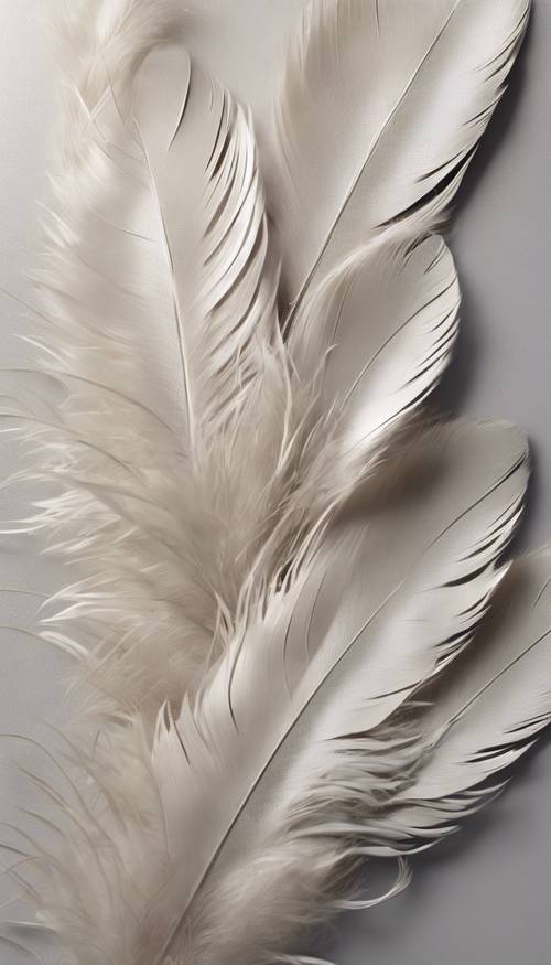 Delicate cream feathers gently lying atop a metallic silver surface in a seamless design.