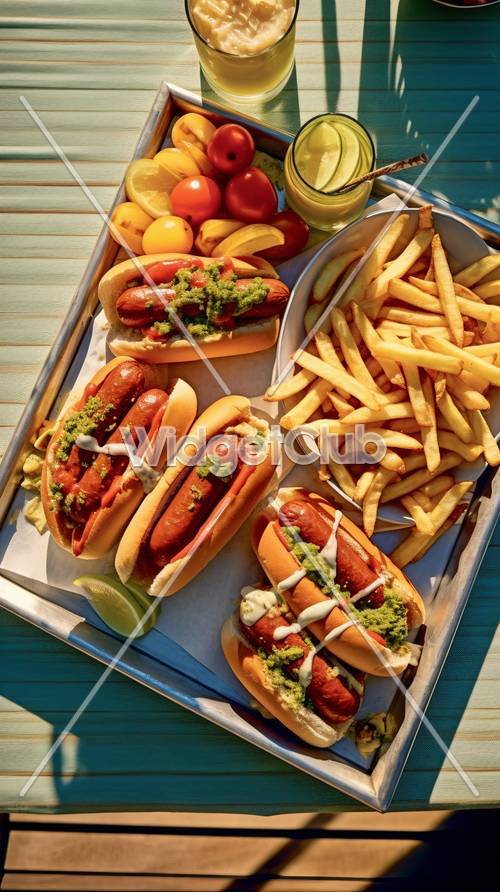 Pique-nique d&#39;été avec de délicieux hot-dogs et frites