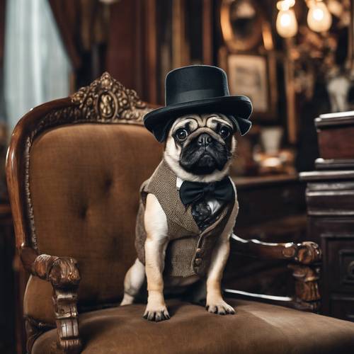 穿着粗花呢背心和霍姆堡帽的小哈巴狗在古董家具前摆出一副老肖像的姿势。