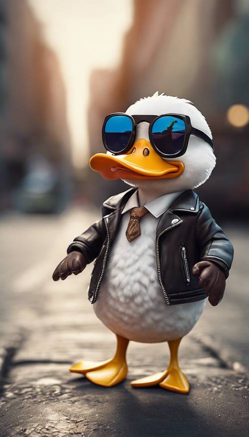 一隻戴著墨鏡、穿著皮夾克的酷卡通鴨子，自豪地在城市街道上昂首闊步。