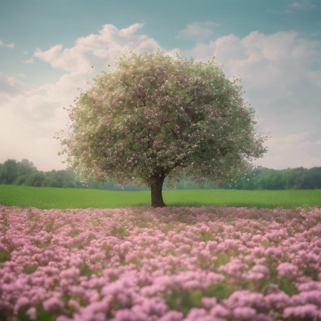 A lone apple tree in the middle of a vibrant clover grass field, petals tickled by the breeze. Tapeta[c5baaedc30c3495ebf29]