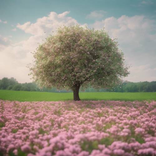 一棵孤獨的蘋果樹矗立在生機勃勃的三葉草草地中央，花瓣被微風吹得癢癢的。