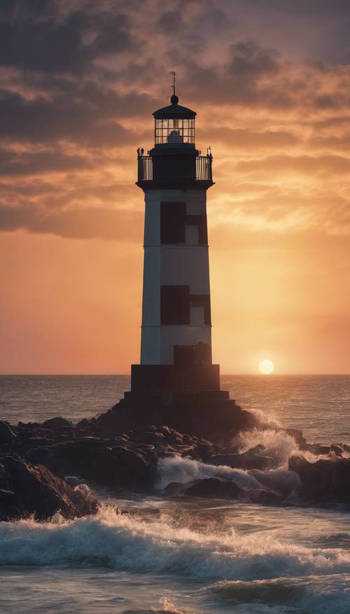 一座孤独的灯塔在海岸壮观的日出映衬下显得格外显眼。
