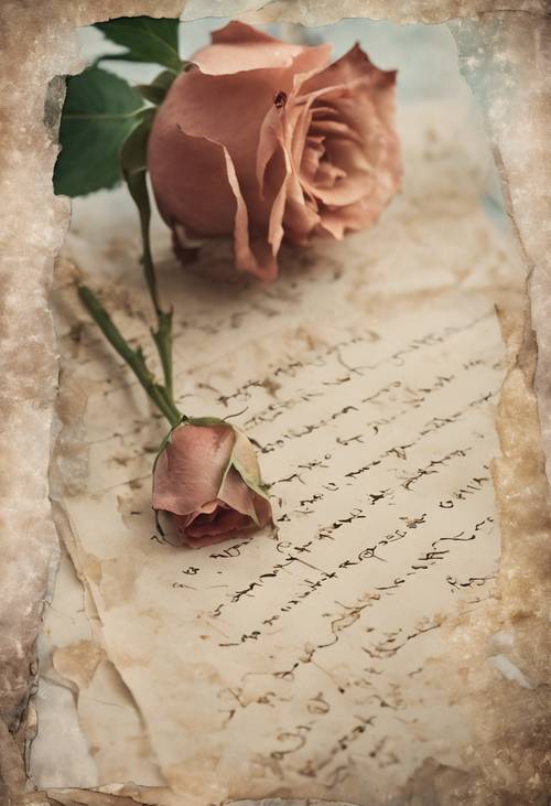 Surat cinta antik yang sedikit robek dan dihiasi dengan bunga mawar yang rapuh.
