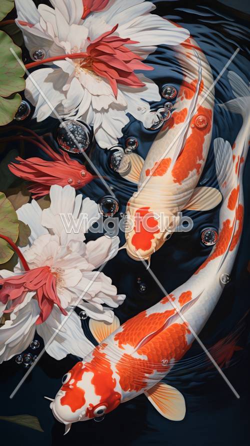 美麗的錦鯉魚和睡蓮藝術品