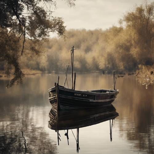 Velho barco de pesca arborizado preto, ancorado em rio calmo.