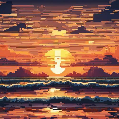 Ilustrasi matahari terbenam di atas lautan berpiksel, bergaya video game 8-bit.