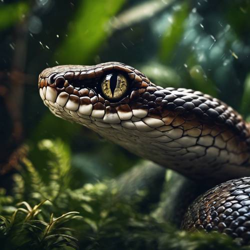 In the dimly lit jungle, a viper's distinctive vertical pupil observes its prey. ផ្ទាំង​រូបភាព [0b5fdddc1a04412f90d1]