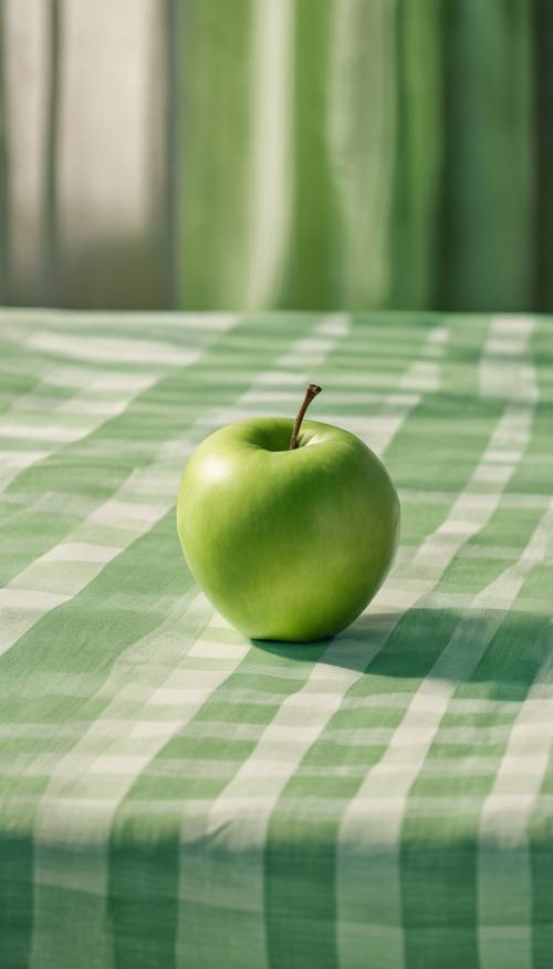 A fresh granny smith apple on a pastel green checkered tablecloth.