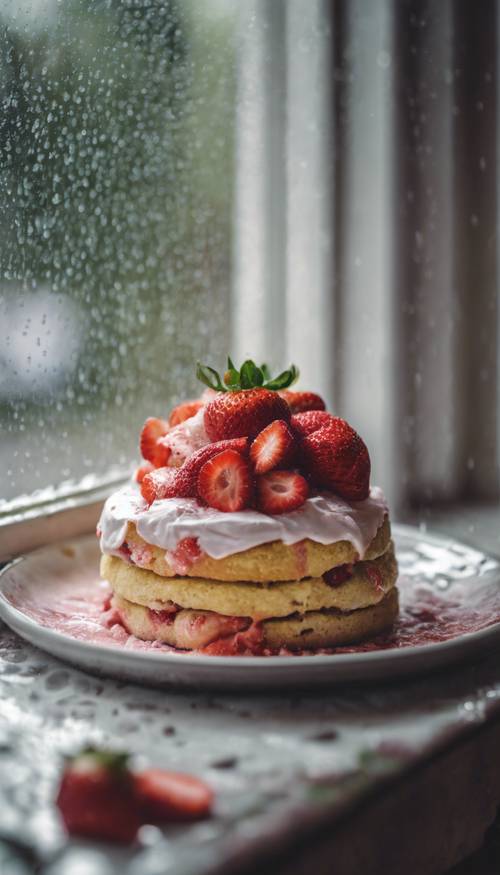 빗물이 튀는 창턱에 손대지 않은 채 앉아 있는 우울한 딸기 쇼트케이크.