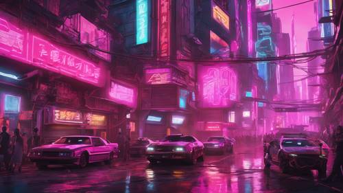 Una visione grandangolare di una vivace strada cittadina del futuro, dominata da insegne al neon rosa.