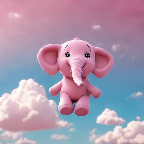 การ์ตูนน่ารักช้างสีชมพูบินอย่างมีความสุขในท้องฟ้าสีฟ้าสดใสที่มีเมฆสีขาวปุย