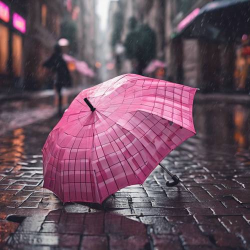 A pink checkered umbrella opened up on a rainy city street.