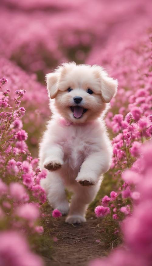 Một chú chó bông màu hồng đang vui vẻ nhảy múa trên cánh đồng hoa hồng.