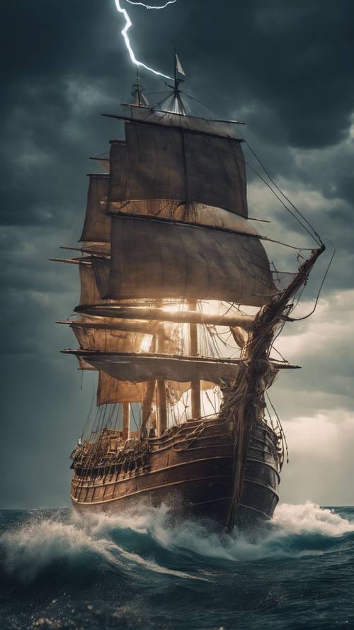 An ancient ship sailing on a turbulent sea with lightning in the background