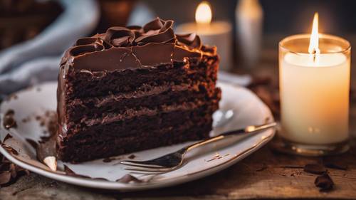 A chocolate cake slice with a molten heart on a rustic wooden table, illuminated by soft candle light.