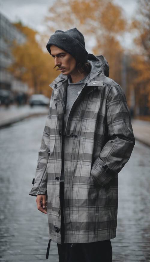 Uma elegante capa de chuva xadrez cinza para um visual moderno de outono.