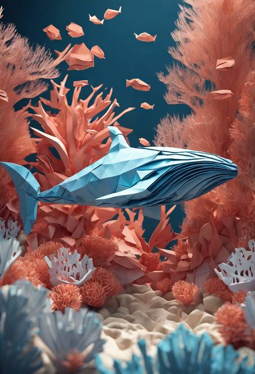 Una escena submarina que representa una ballena de origami en 3D en medio de un arrecife de coral de papel.